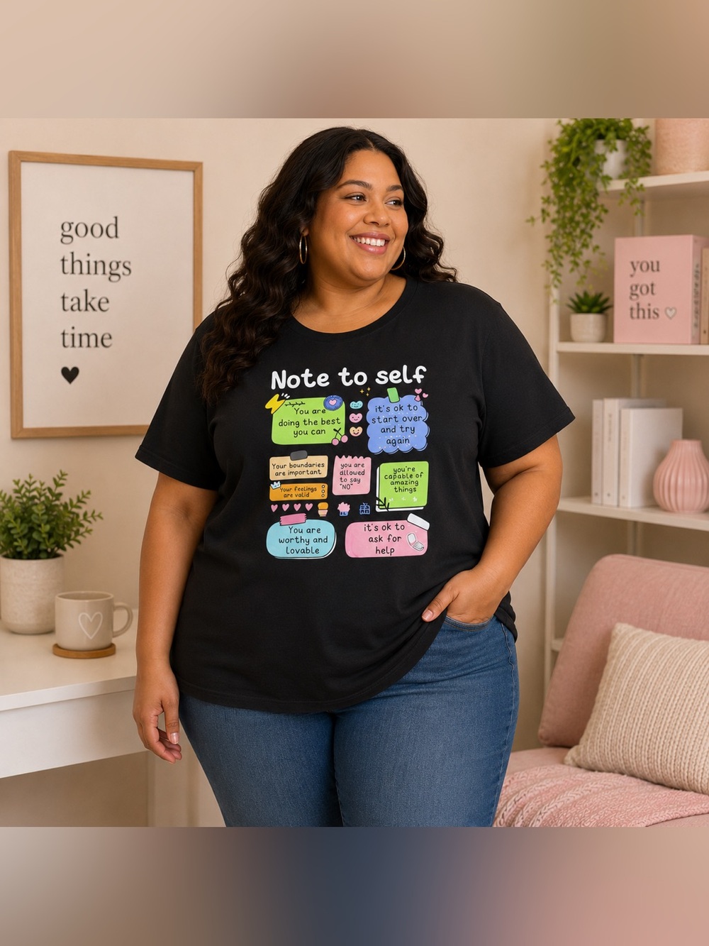 “Note to Self” Black Graphic T-shirt (L/XL)
